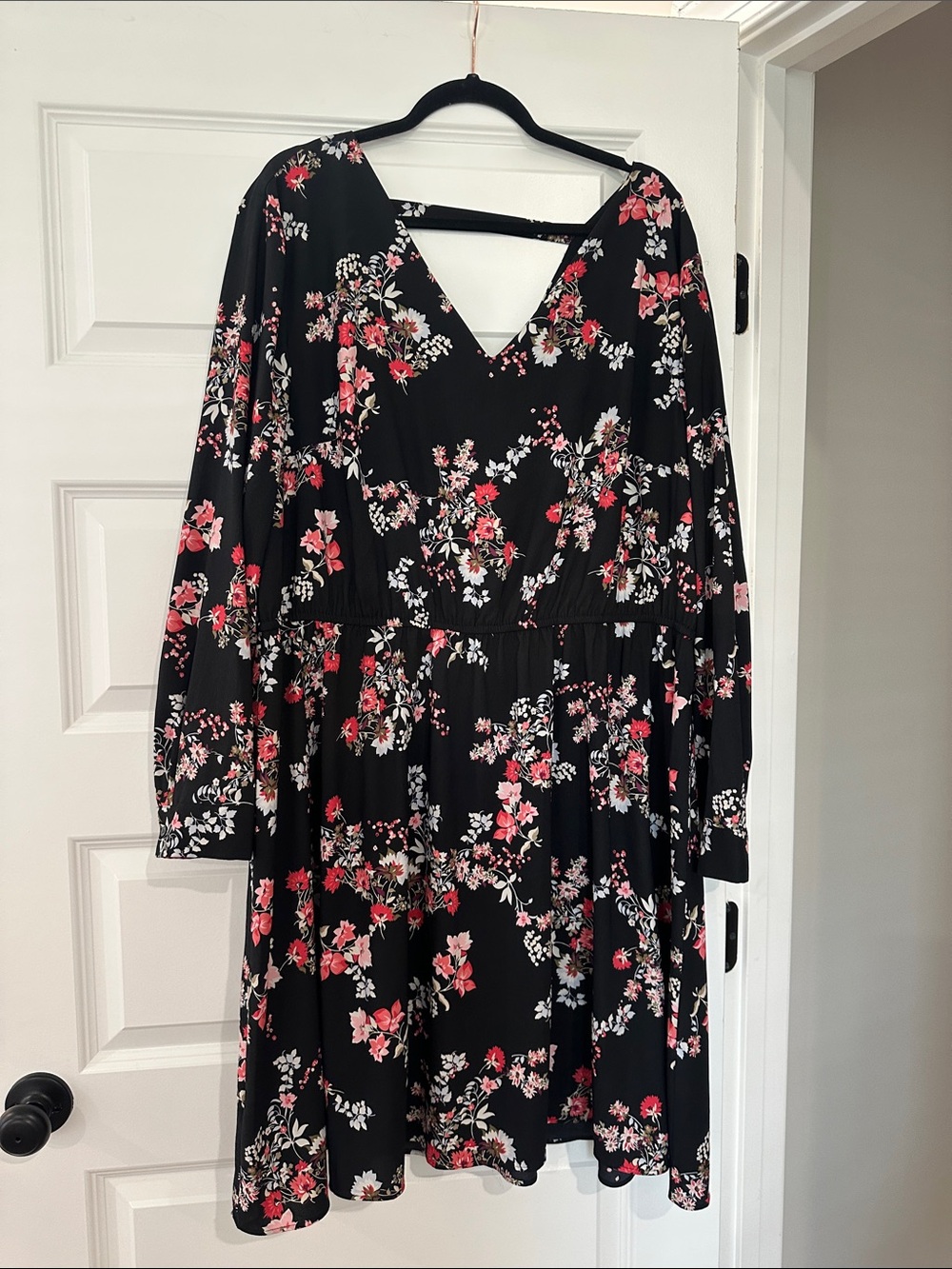 Loft Fashion Black Floral V-Neck Dress with Pink and White Blossoms